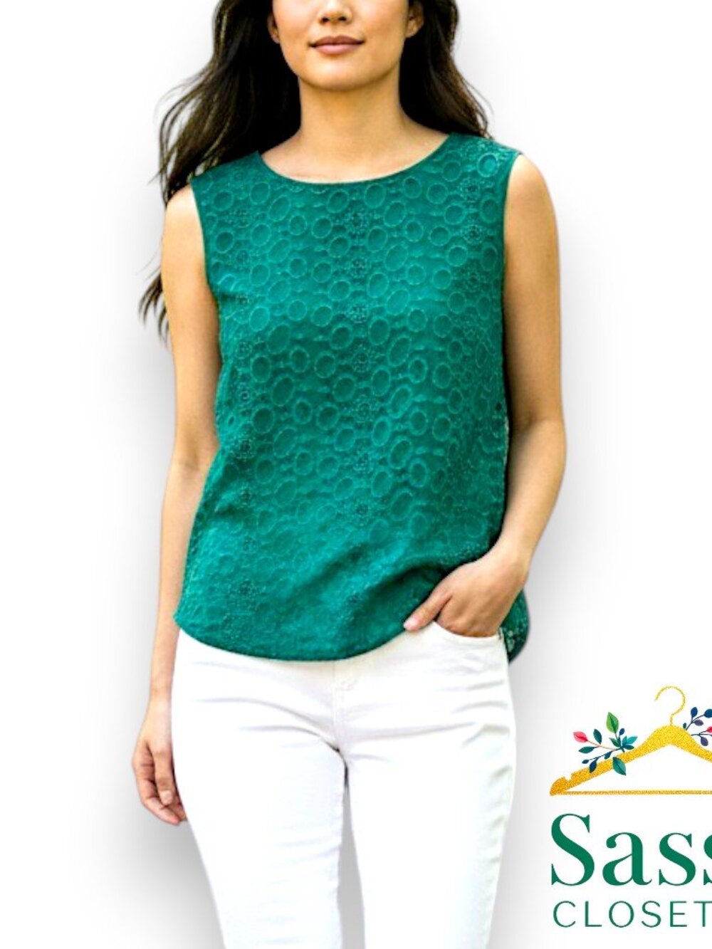 ✨ ANN TAYLOR Emerald Green Textured Circle Tank S Keyhole Back Luxe 🌿